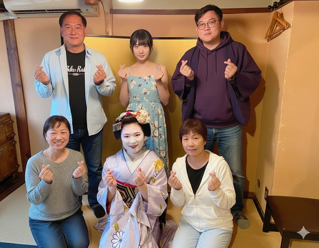 舞妓さんと記念撮影している写真