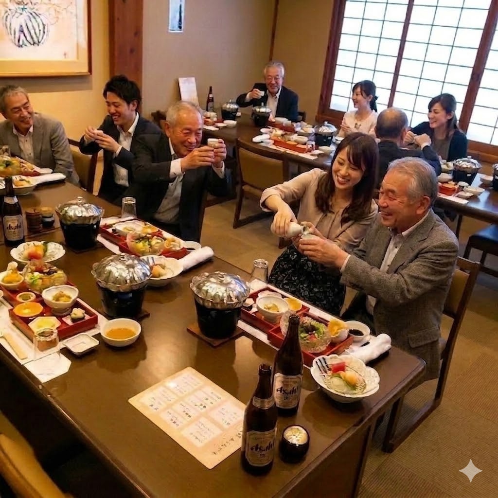 明るい和室の宴会場で、団体のお客様と一緒に乾杯している様子