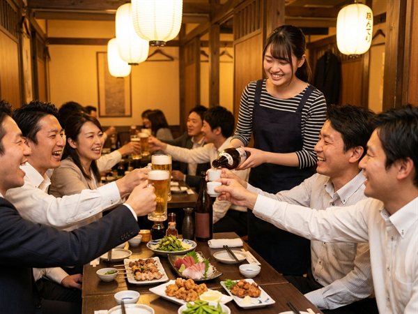 宴会席で乾杯し、お酌をしている様子